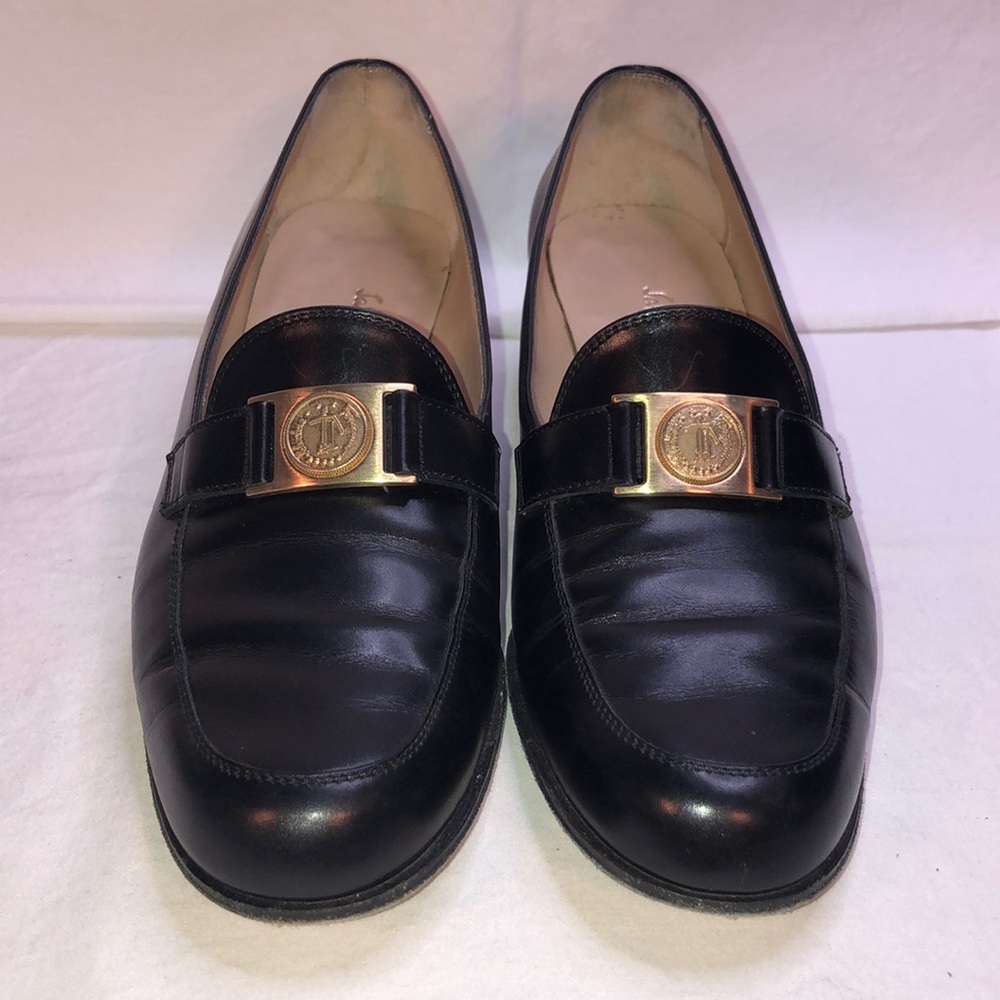 Salvatore Ferragamo “Badile” Black w/Gold Coin Embellishment, 1.5” Heel, W 7.5